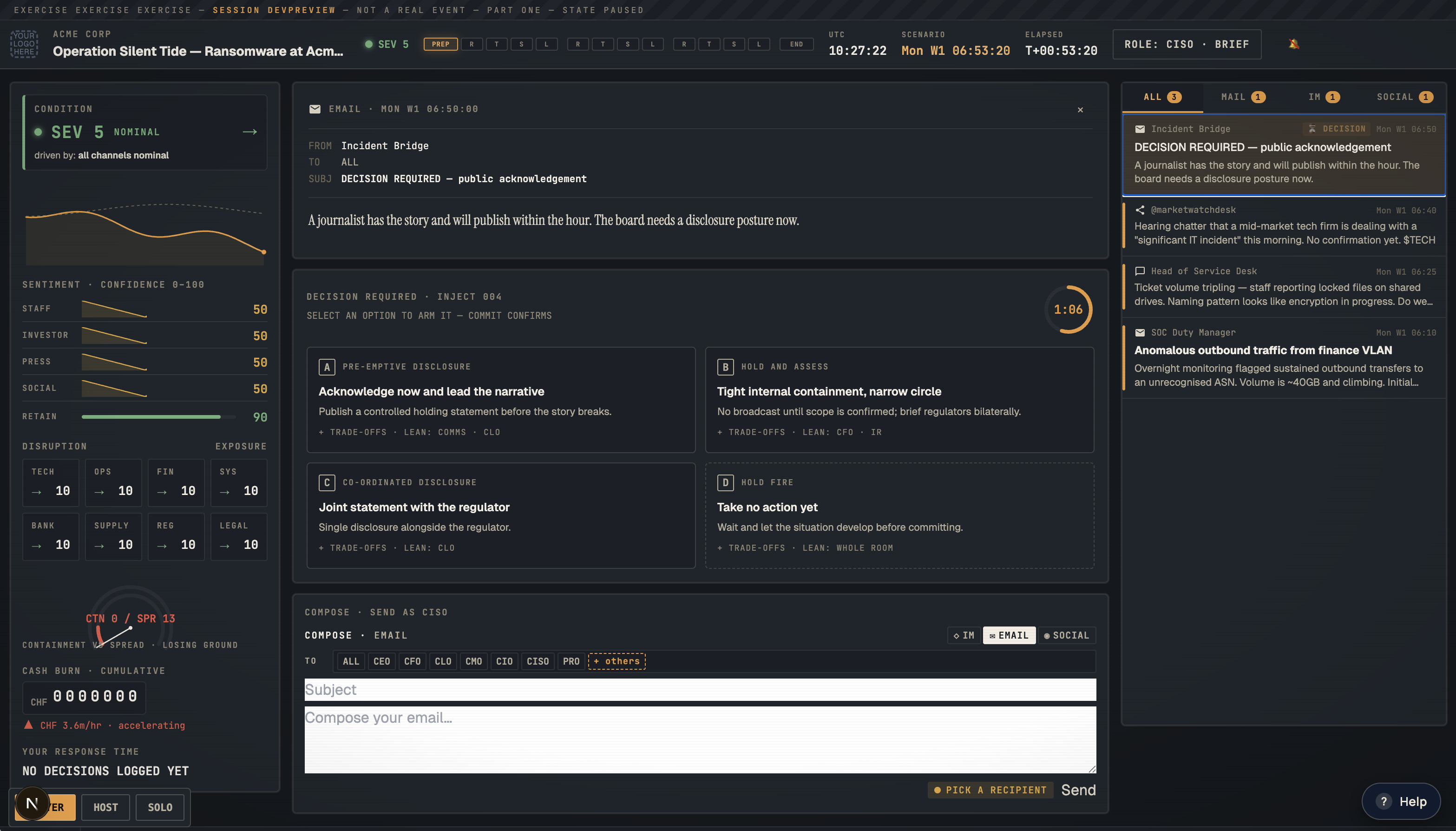 IncidentResponse.app live gameplay — the blue-team decision console